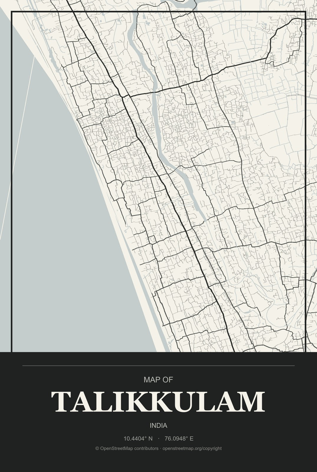 Talikkulam, India City Map Aluminum Sign in Museum Plaque style