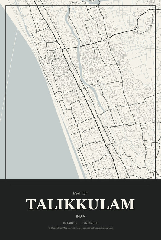 Talikkulam, India City Map Aluminum Sign in Museum Plaque style