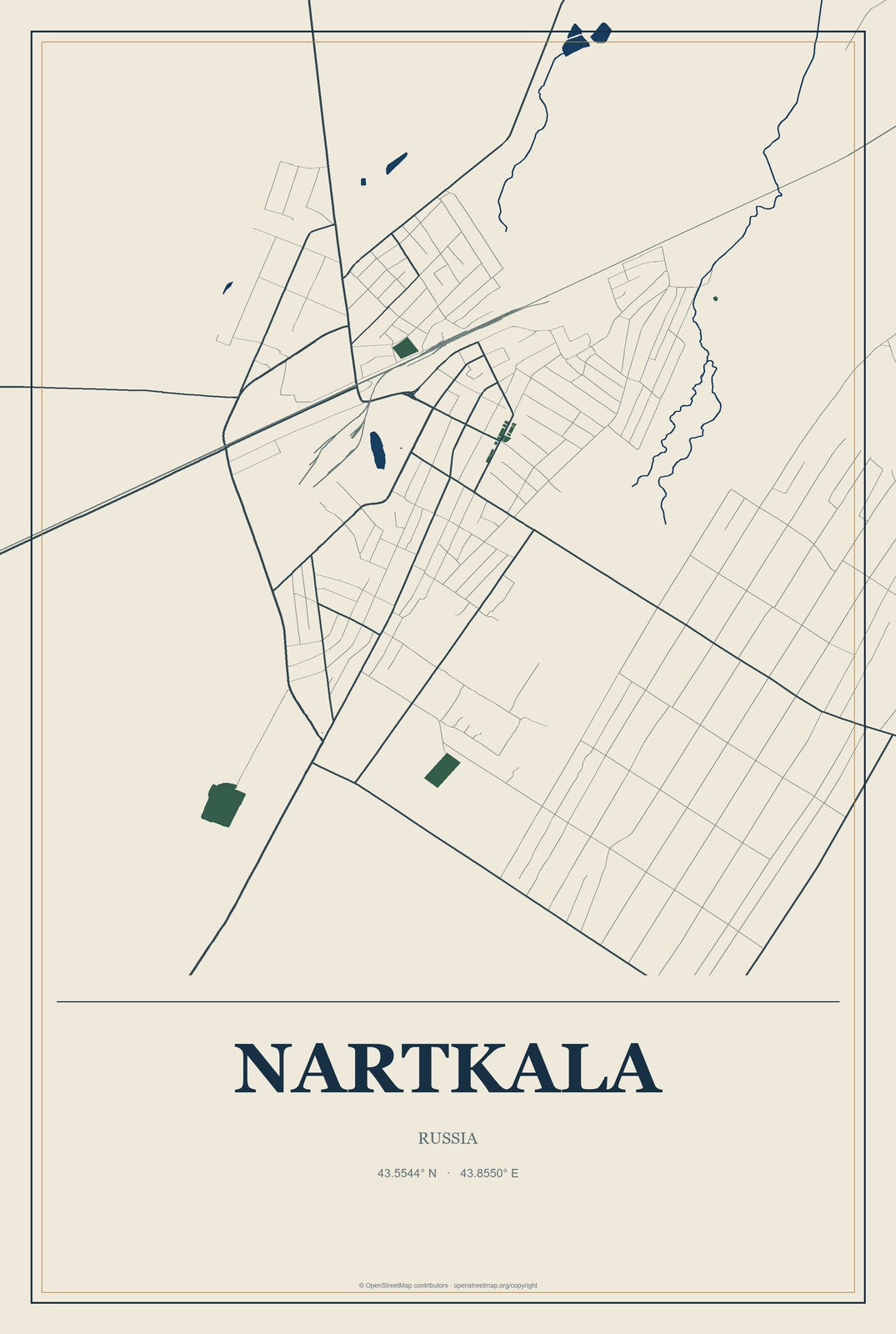 Nartkala, Russia City Map Aluminum Sign in Coastal Cutout style