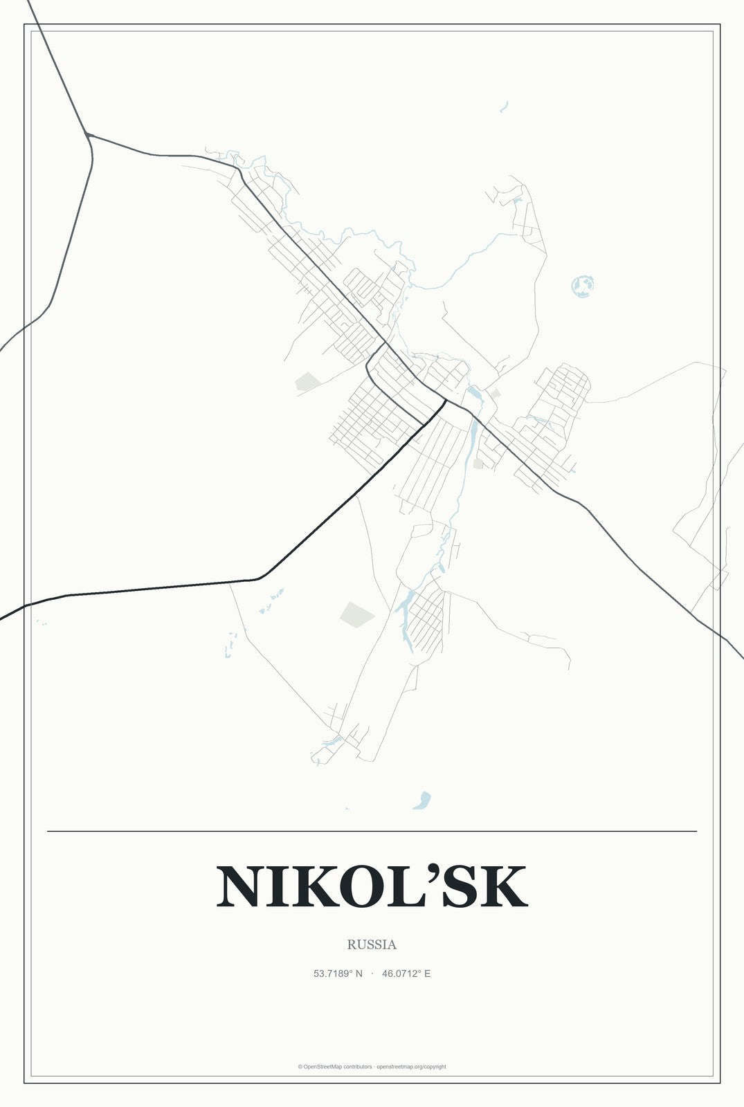 Nikol’sk, Russia City Map Aluminum Sign in Gallery Air style