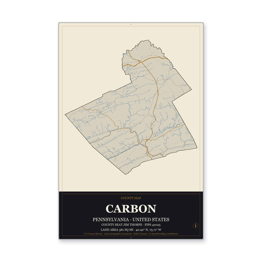 Carbon County, Pennsylvania Map Aluminum Sign in Museum Plaque style