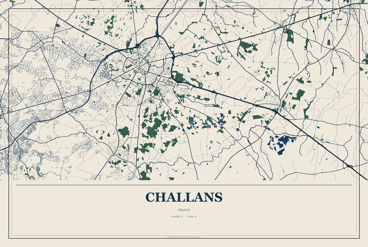 Challans, France City Map Aluminum Sign in Coastal Cutout style