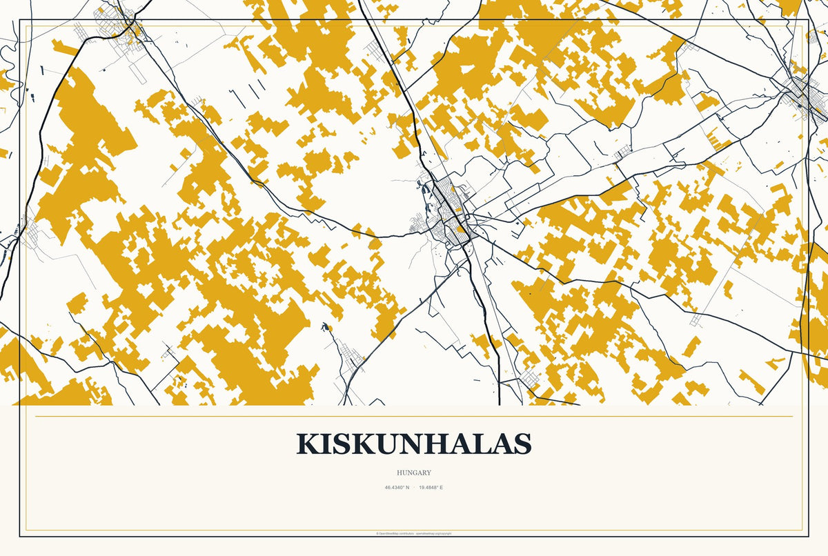 Kiskunhalas, Hungary City Map Aluminum Sign in Citrine Modern style