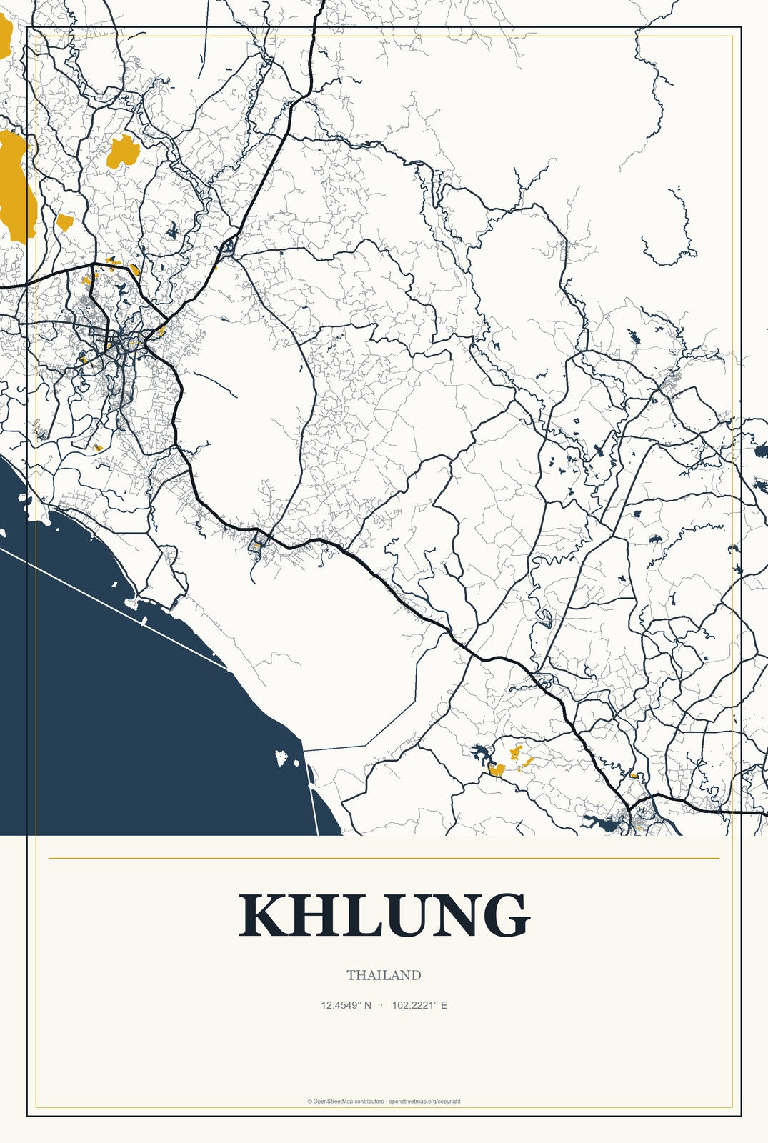 Khlung, Thailand City Map Aluminum Sign in Citrine Modern style