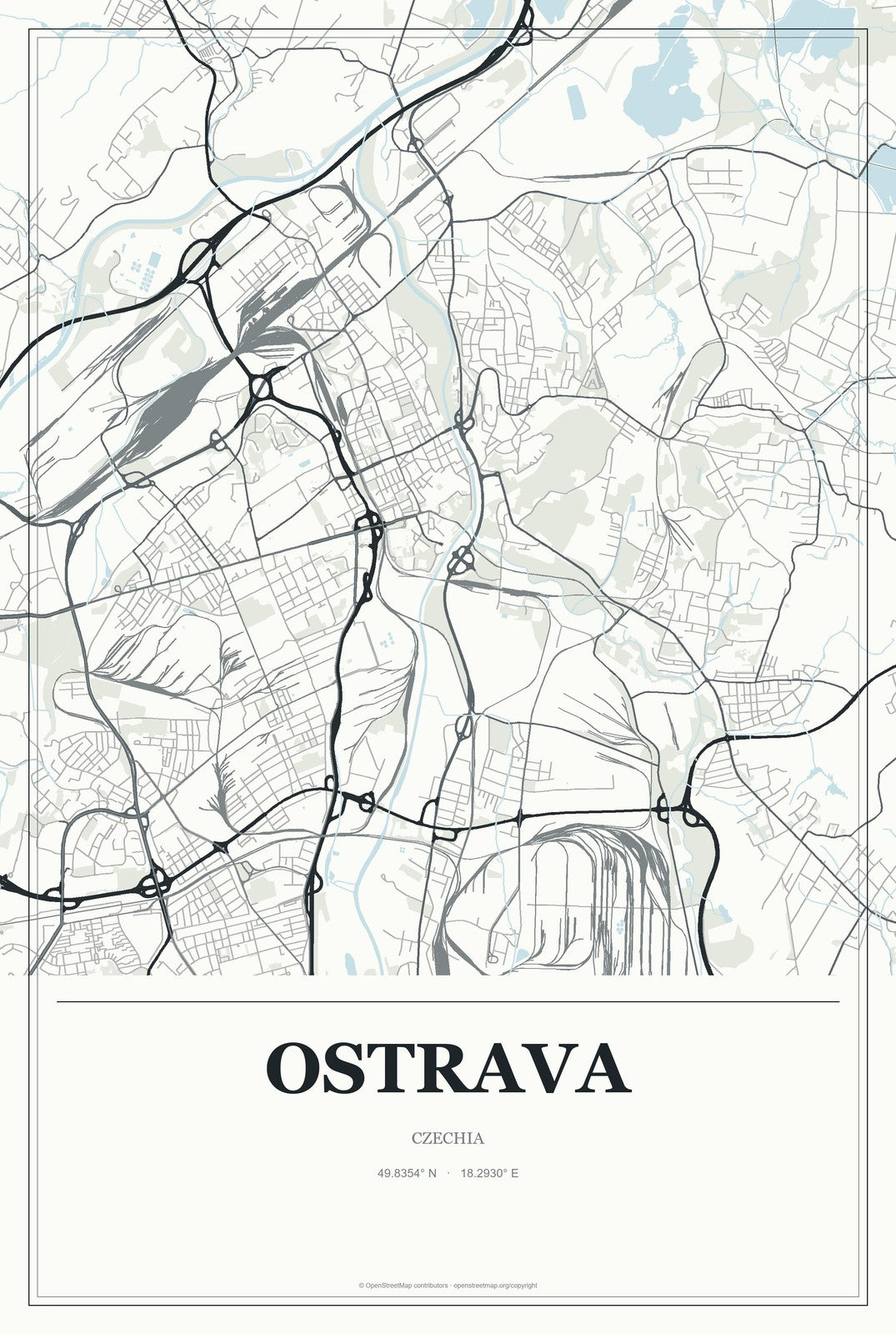 Ostrava, Czechia City Map Aluminum Sign in Gallery Air style