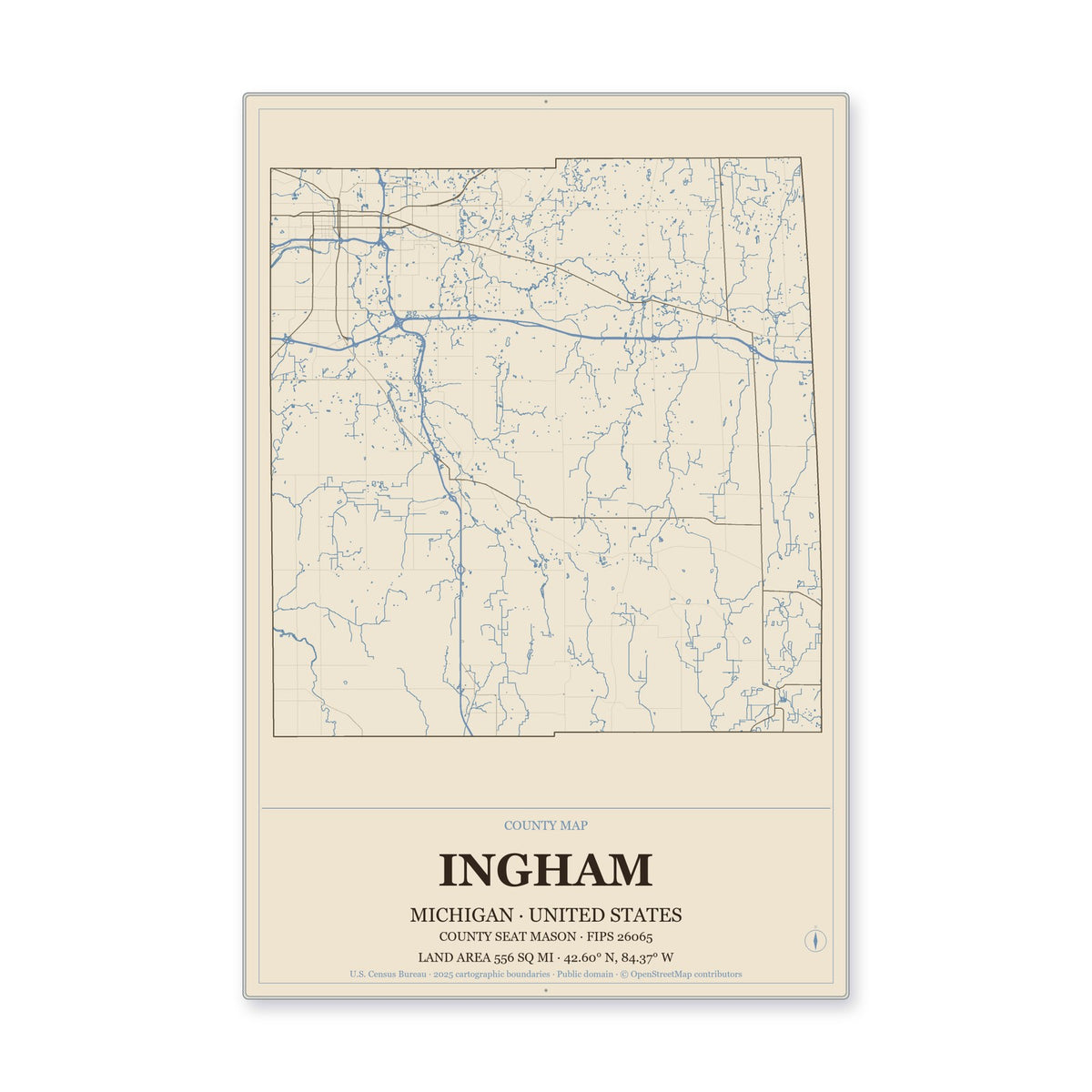 Ingham County, Michigan Map Aluminum Sign in Heritage Nautical style