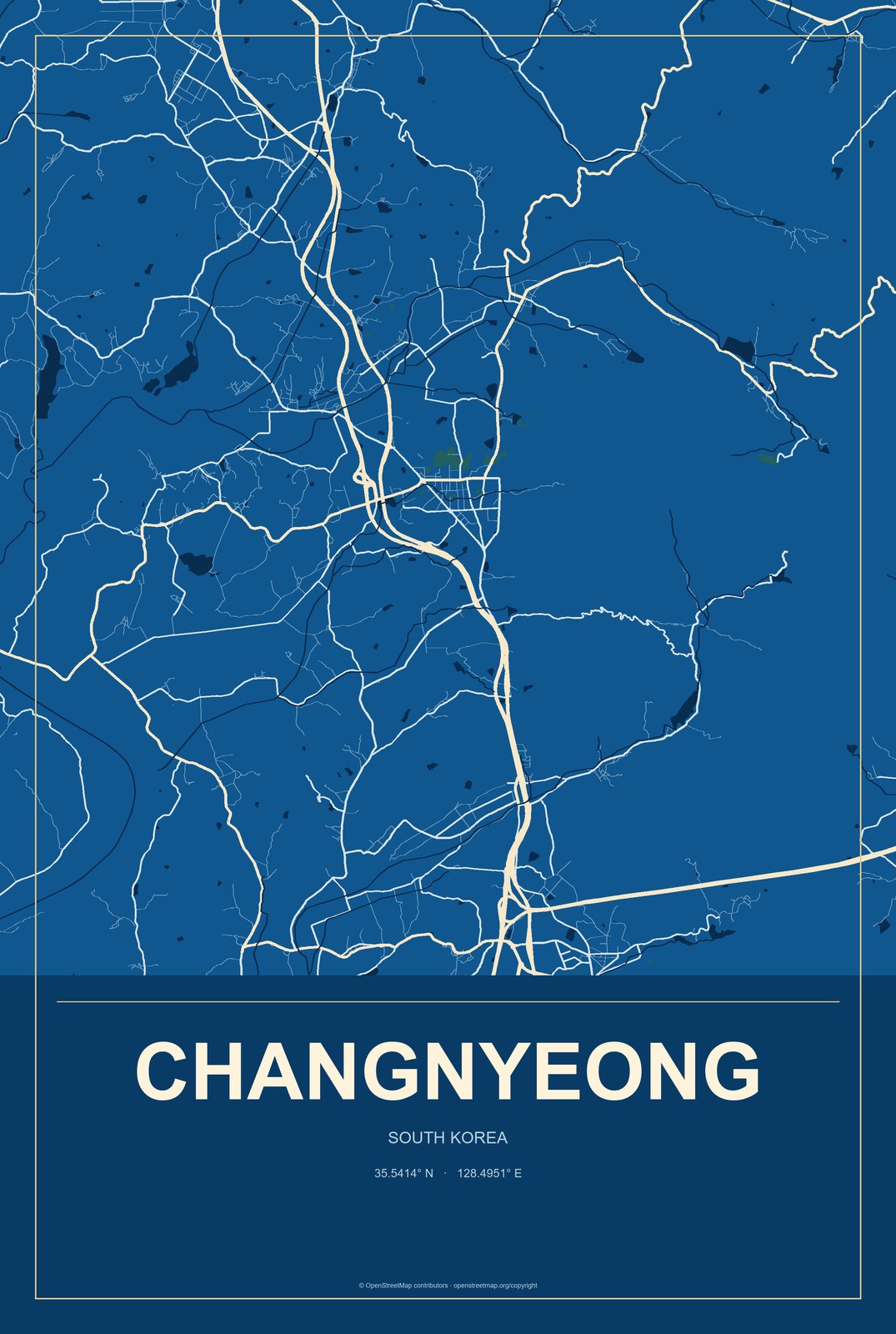 Changnyeong, South Korea City Map Aluminum Sign in Harbor Cobalt style