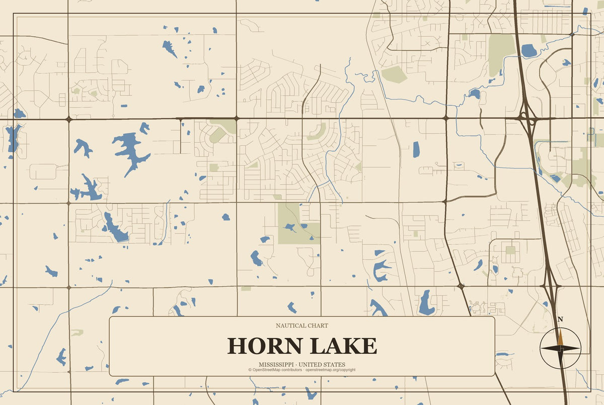 Horn Lake, Mississippi City Map Aluminum Sign in Heritage Nautical style