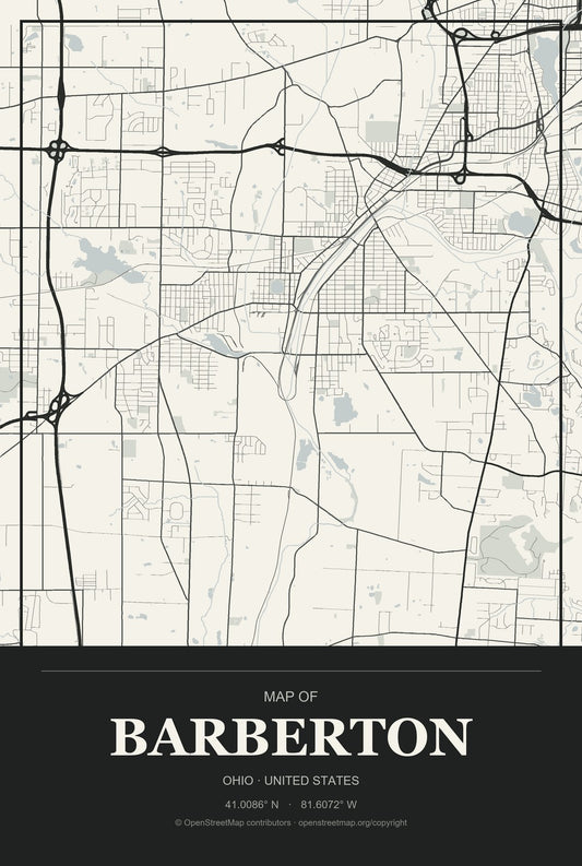 Barberton, Ohio City Map Aluminum Sign in Museum Plaque style