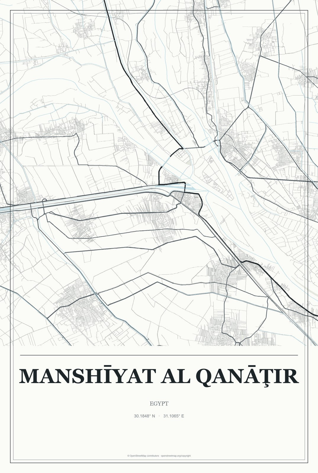 Manshīyat al Qanāţir, Egypt City Map Aluminum Sign in Gallery Air style