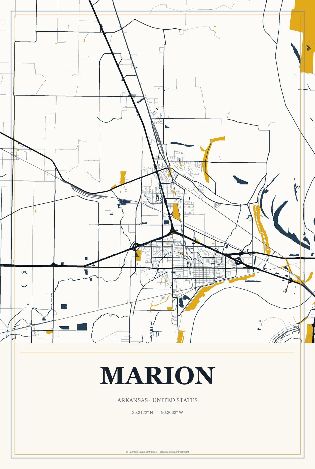 Marion, Arkansas City Map Aluminum Sign in Citrine Modern style