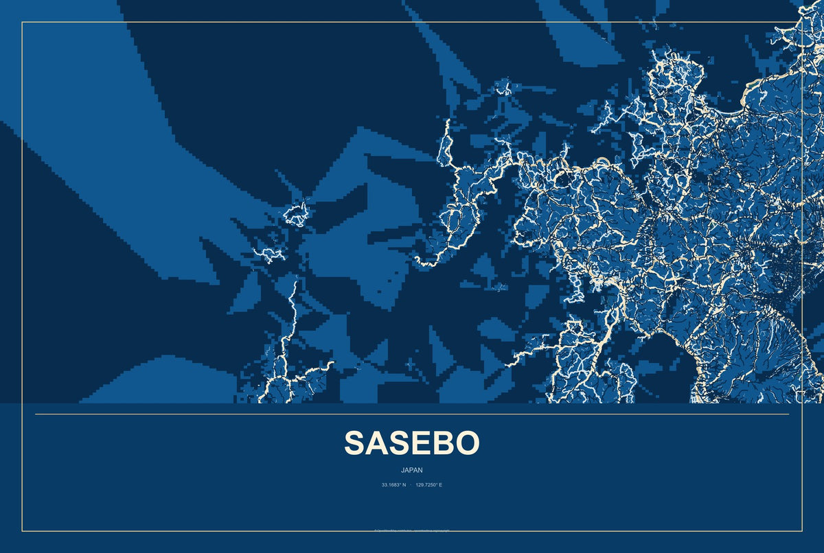Sasebo, Japan City Map Aluminum Sign in Harbor Cobalt style