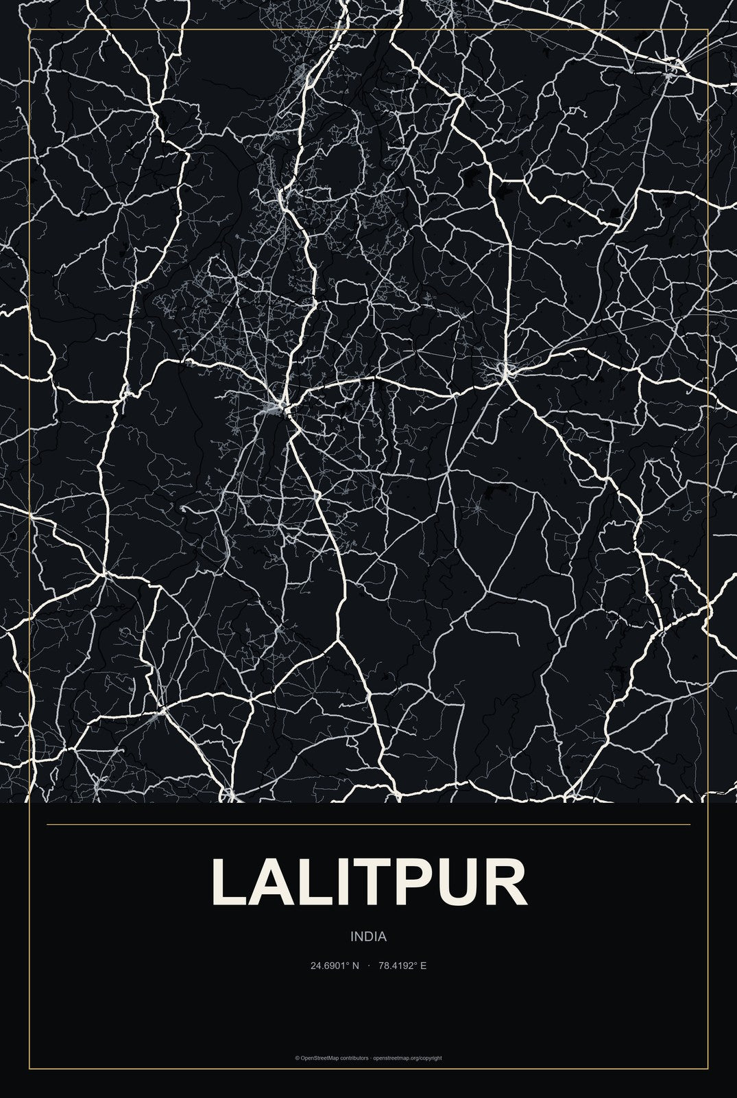 Lalitpur, India City Map Aluminum Sign in Metropolitan Noir style