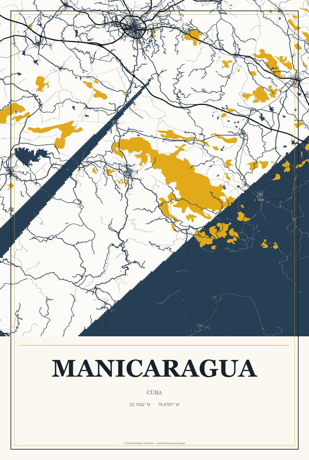 Manicaragua, Cuba City Map Aluminum Sign in Citrine Modern style