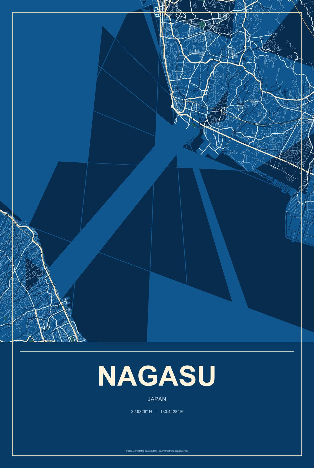 Nagasu, Japan City Map Aluminum Sign in Harbor Cobalt style