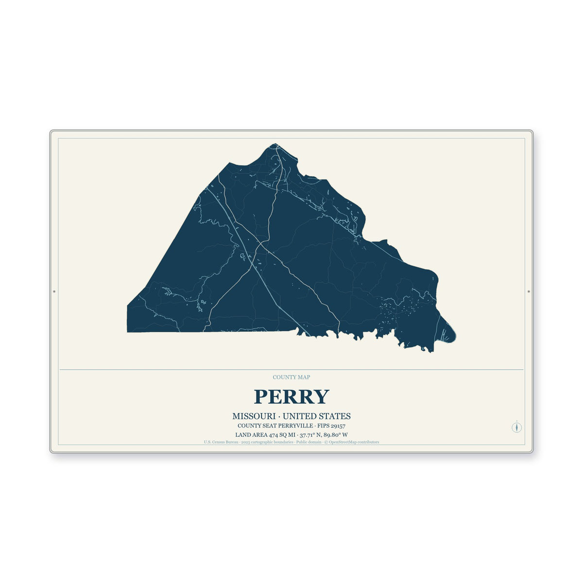 Perry County, Missouri Map Aluminum Sign in Coastal Cutout style