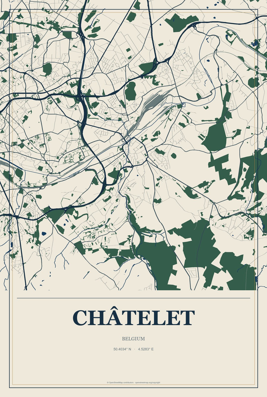 Châtelet, Belgium City Map Aluminum Sign in Coastal Cutout style