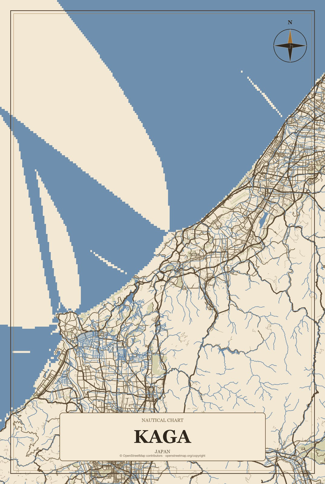 Kaga, Japan City Map Aluminum Sign in Heritage Nautical style