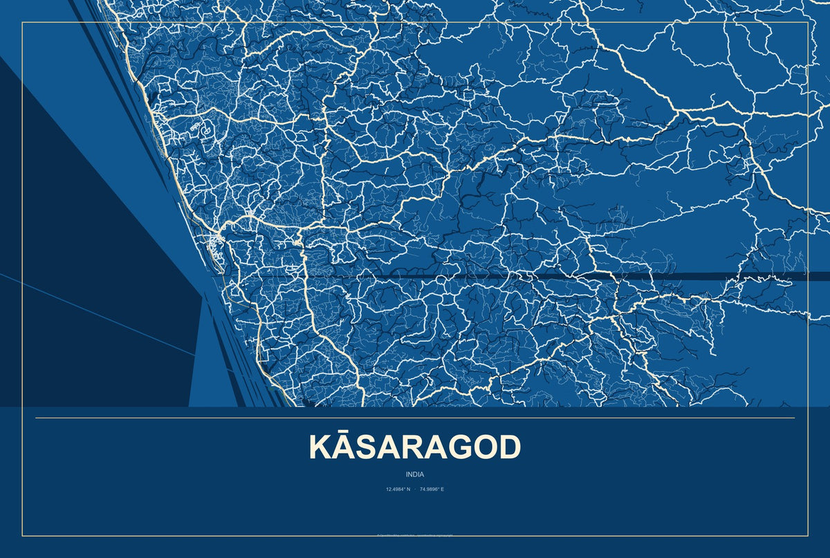 Kāsaragod, India City Map Aluminum Sign in Harbor Cobalt style