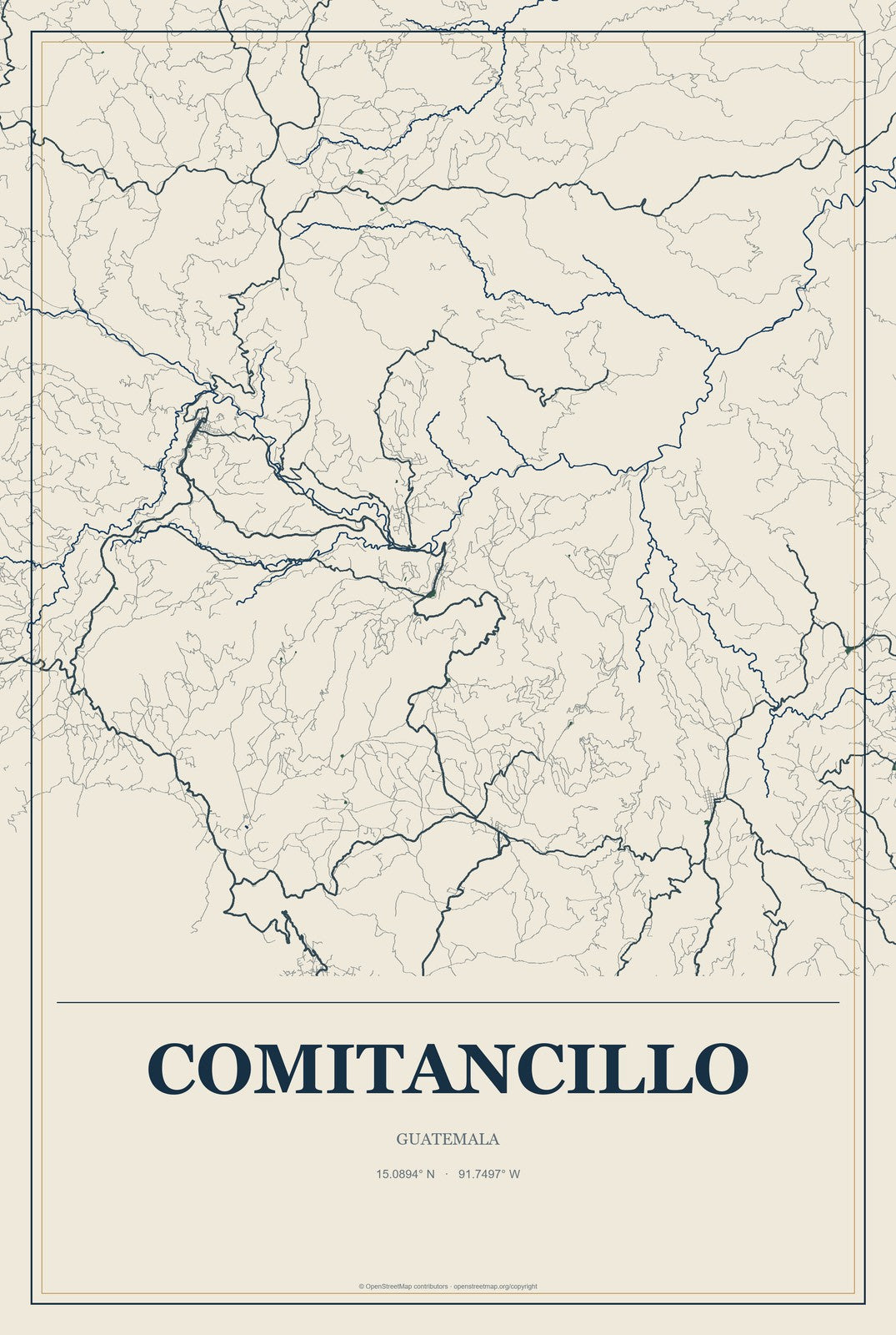 Comitancillo, Guatemala City Map Aluminum Sign in Coastal Cutout style