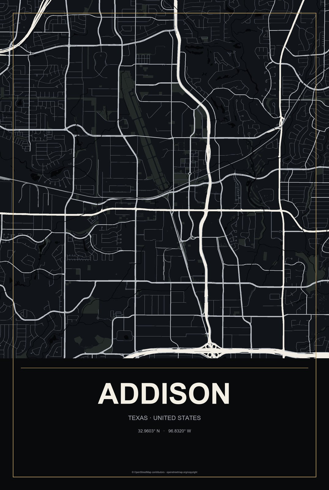 Addison, Texas City Map Aluminum Sign in Metropolitan Noir style