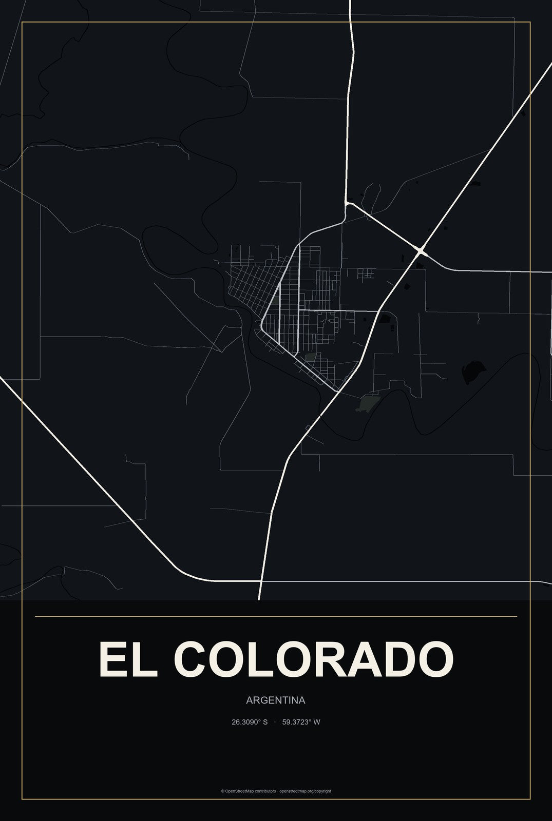 El Colorado, Argentina City Map Aluminum Sign in Metropolitan Noir style