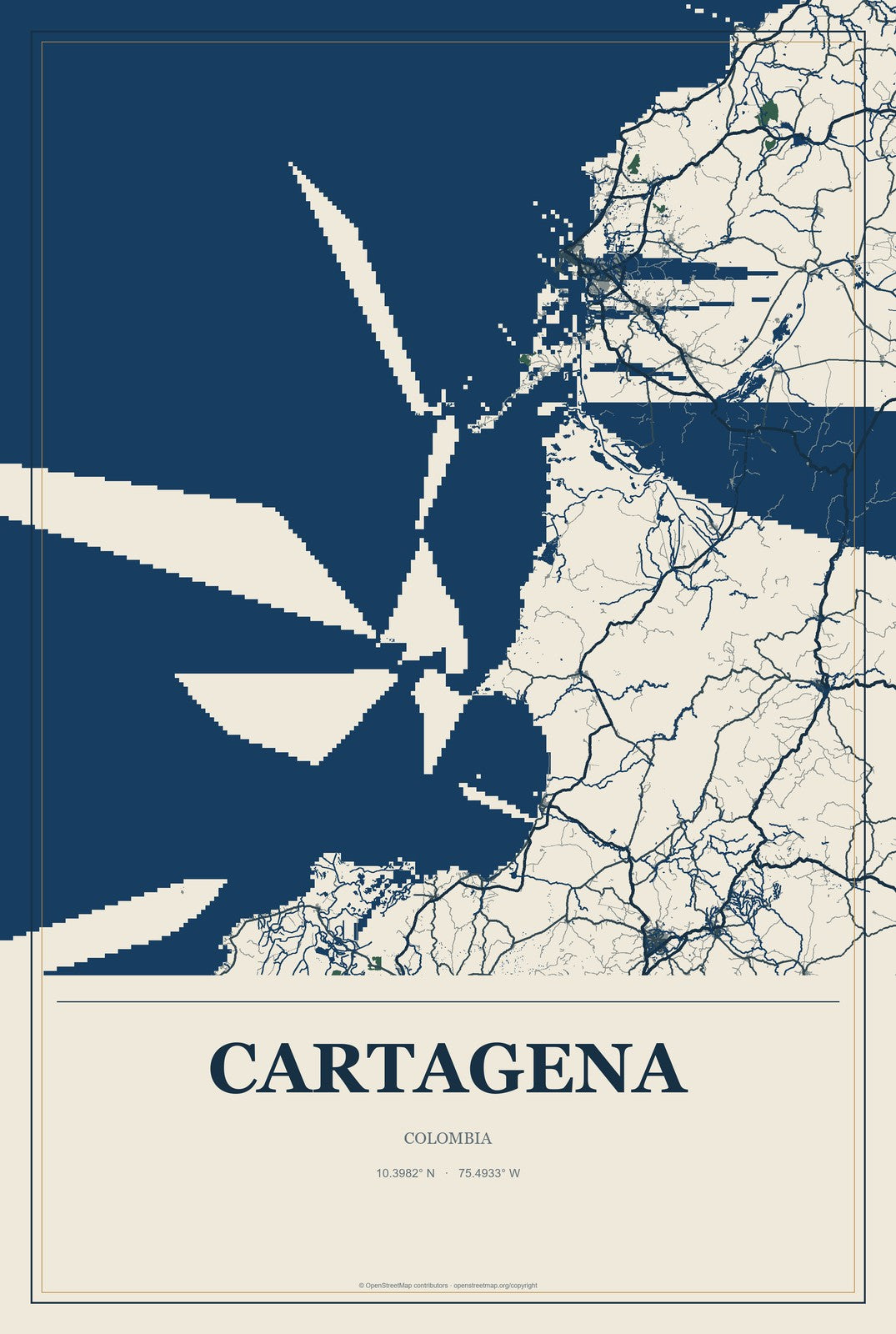 Cartagena, Colombia City Map Aluminum Sign in Coastal Cutout style
