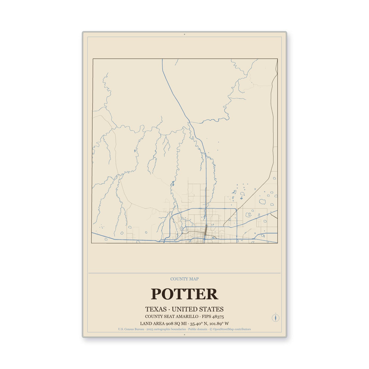 Potter County, Texas Map Aluminum Sign in Heritage Nautical style