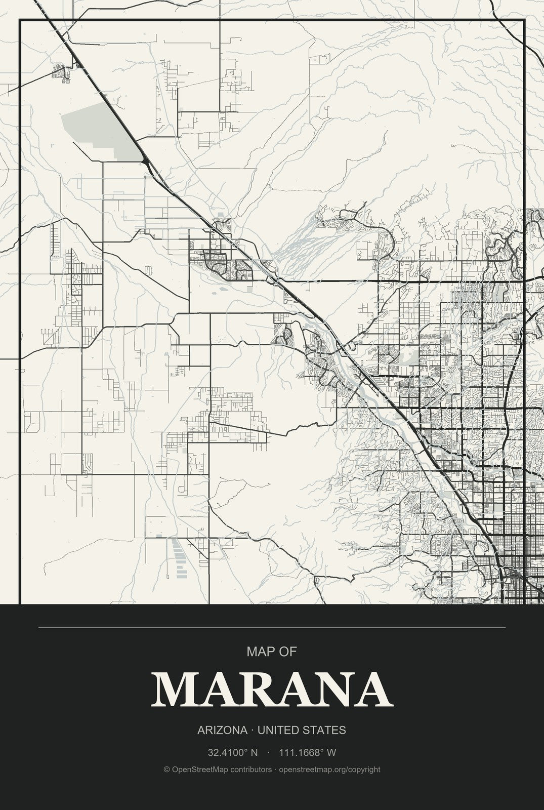 Marana, Arizona City Map Aluminum Sign in Museum Plaque style