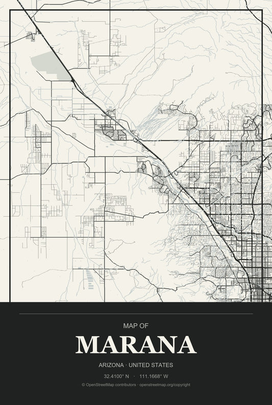 Marana, Arizona City Map Aluminum Sign in Museum Plaque style