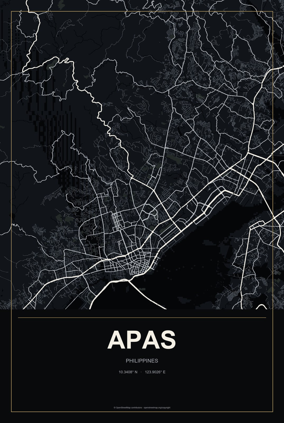 Apas, Philippines City Map Aluminum Sign in Metropolitan Noir style