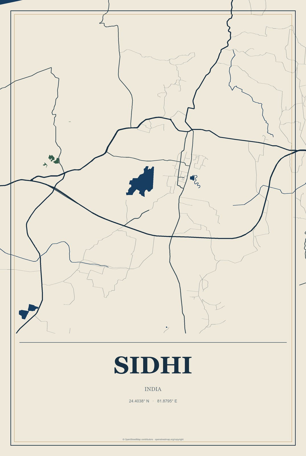 Sidhi, India City Map Aluminum Sign in Coastal Cutout style