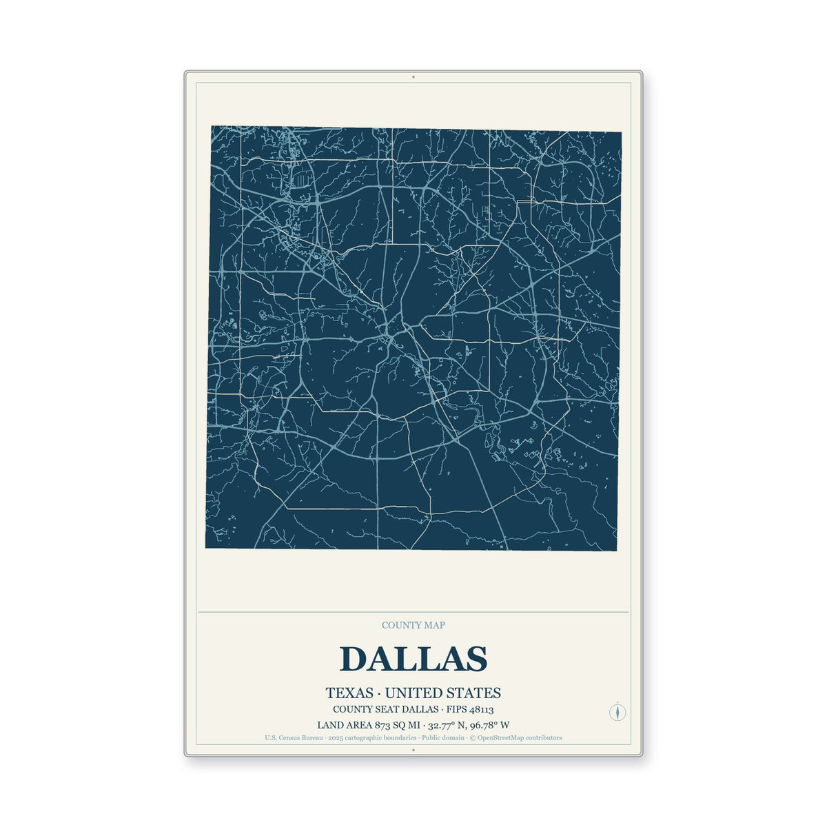Dallas County, Texas Map Aluminum Sign in Coastal Cutout style