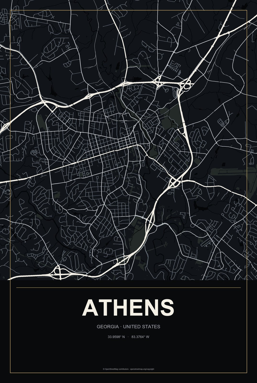Athens, Georgia City Map Aluminum Sign in Metropolitan Noir style