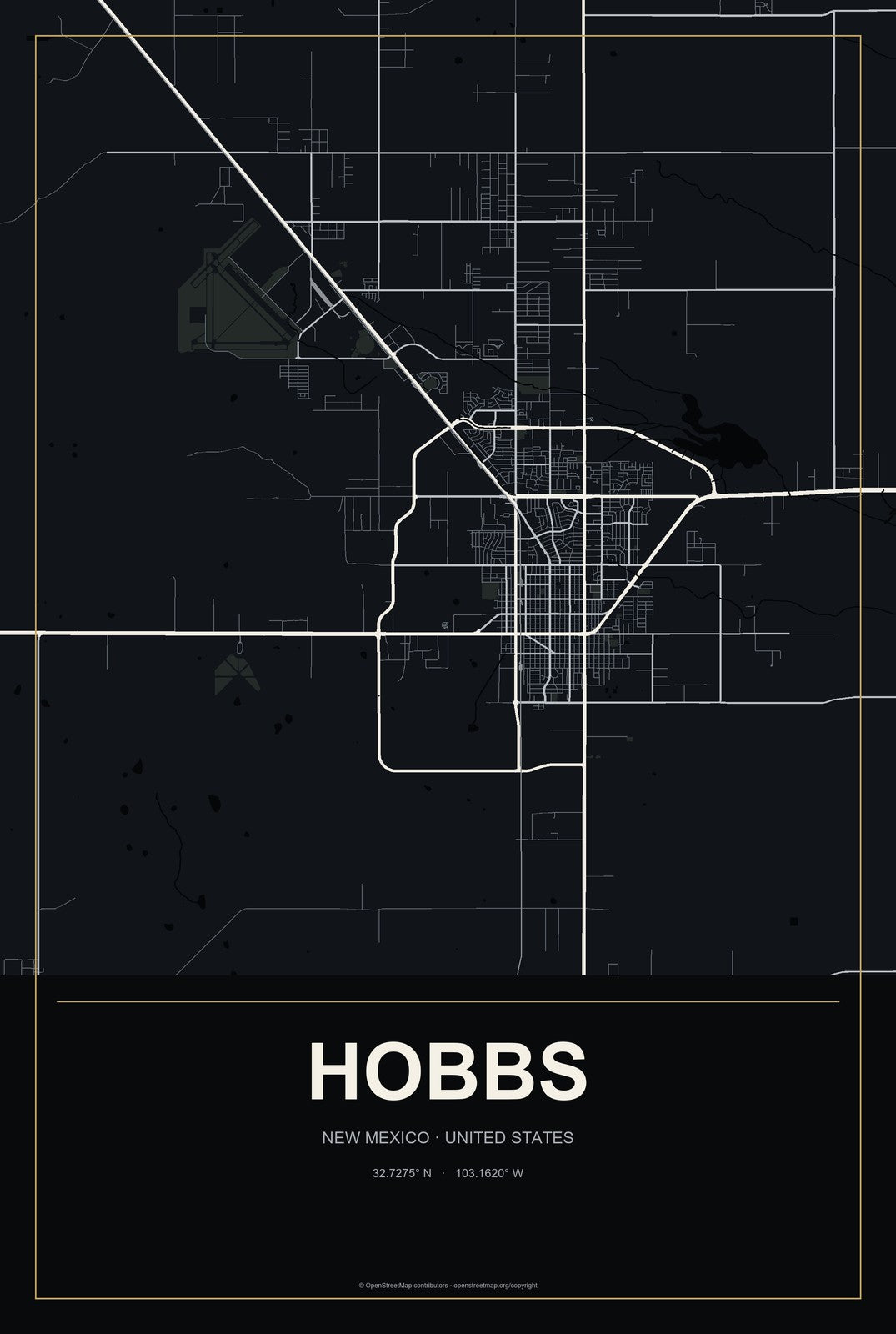 Hobbs, New Mexico City Map Aluminum Sign in Metropolitan Noir style