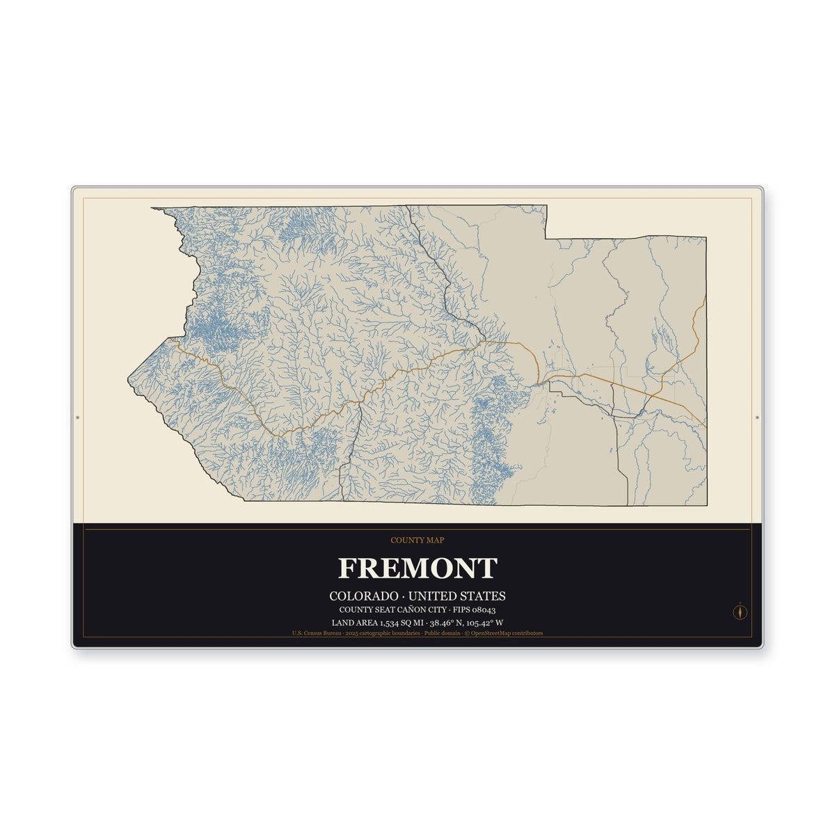 Fremont County, Colorado Map Aluminum Sign in Museum Plaque style