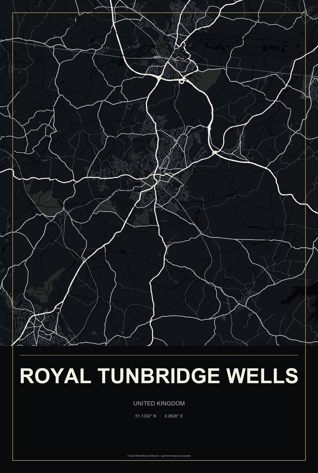 Royal Tunbridge Wells, United Kingdom City Map Aluminum Sign in Metropolitan Noir style