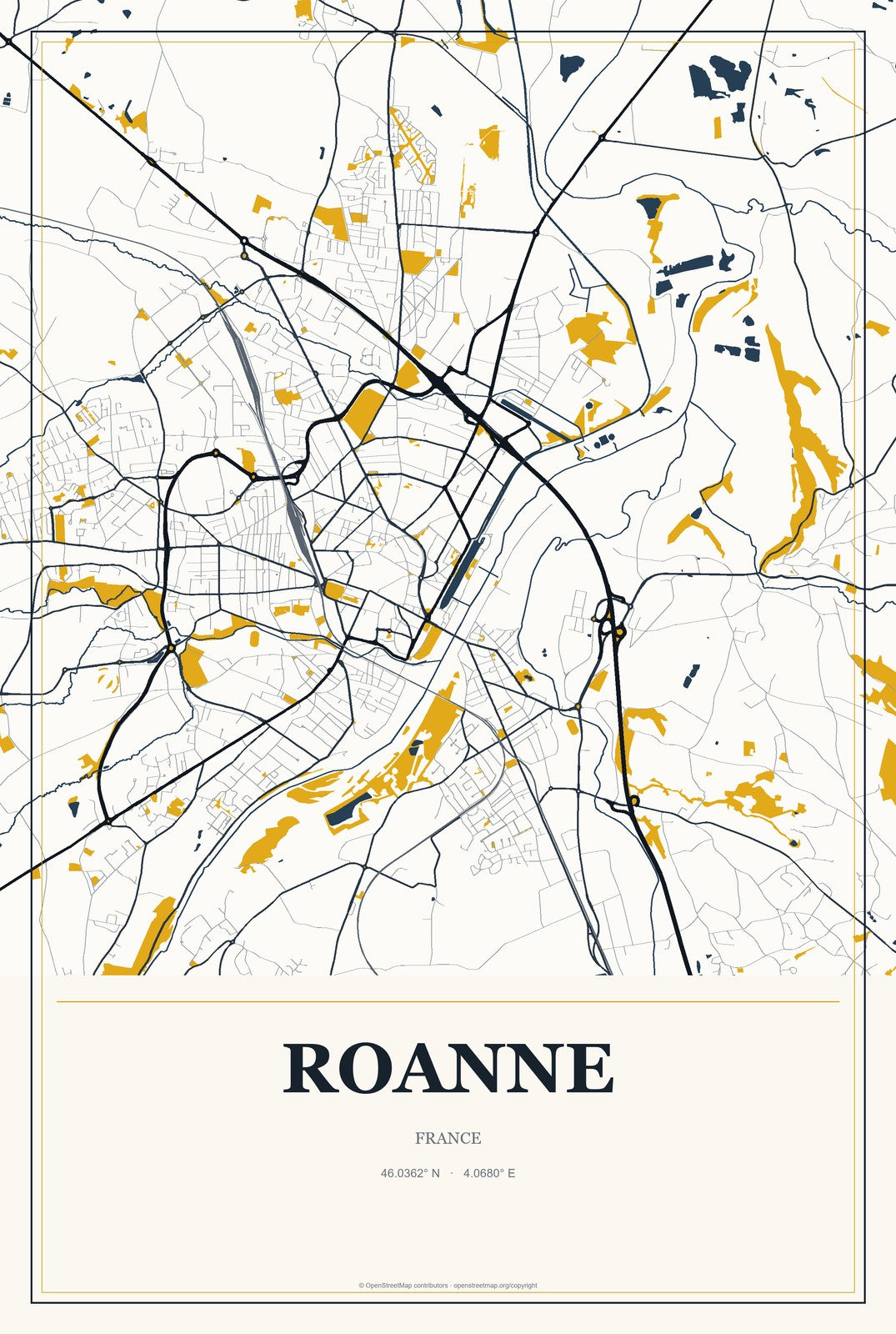 Roanne, France City Map Aluminum Sign in Citrine Modern style