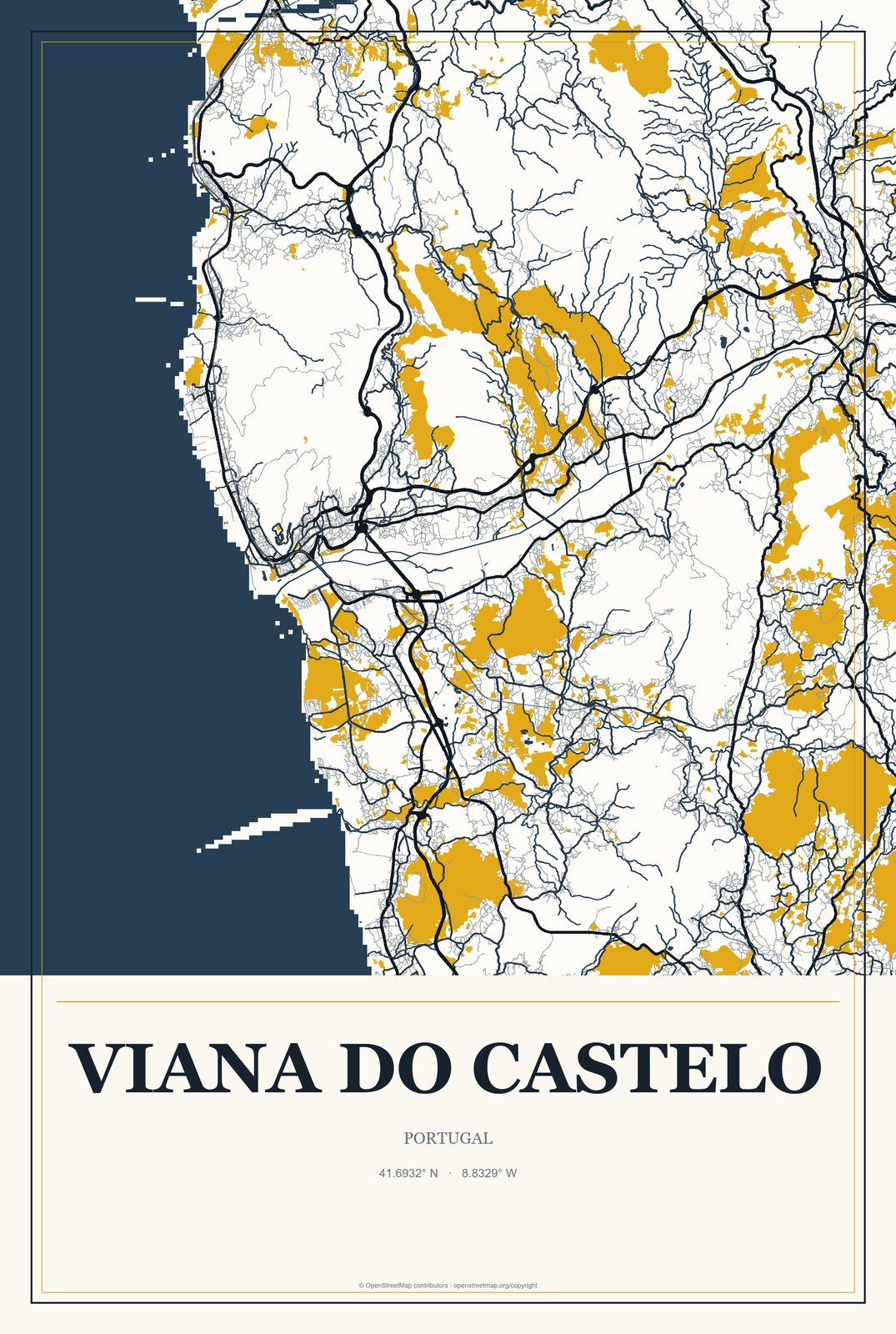 Viana do Castelo, Portugal City Map Aluminum Sign in Citrine Modern style