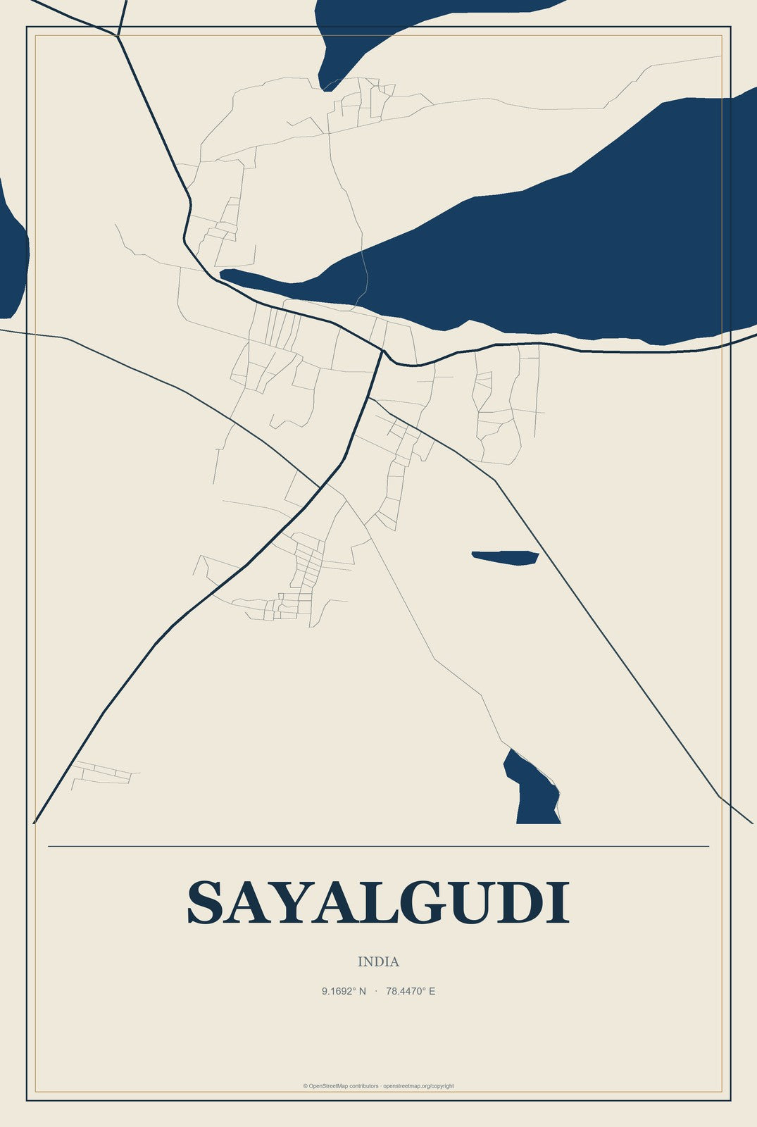Sayalgudi, India City Map Aluminum Sign in Coastal Cutout style