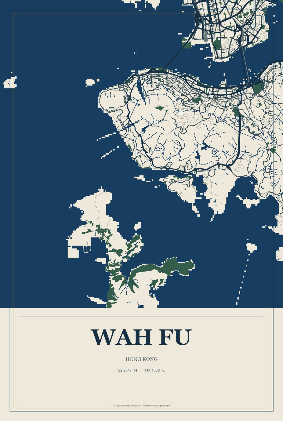 Wah Fu, Hong Kong City Map Aluminum Sign in Coastal Cutout style