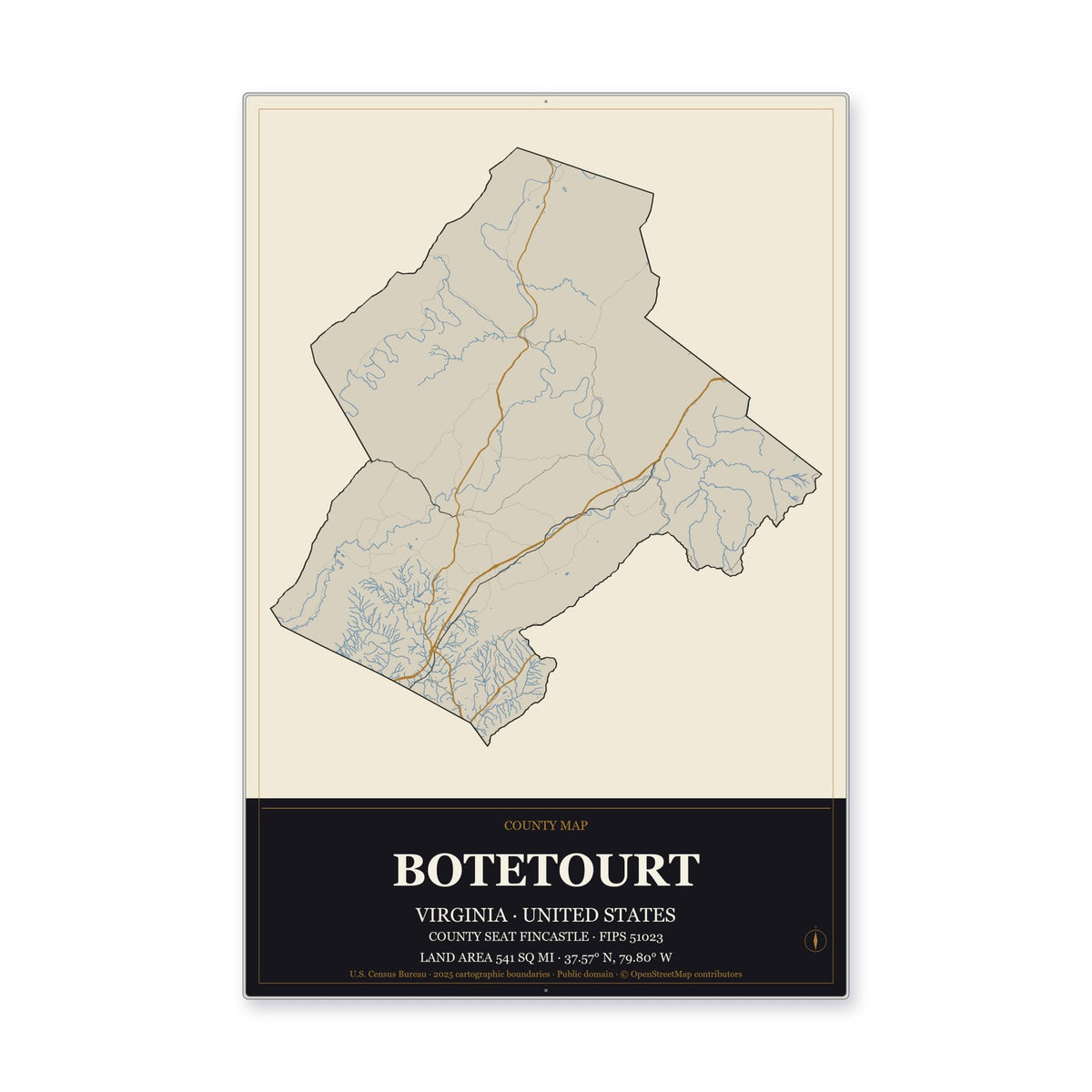 Botetourt County, Virginia Map Aluminum Sign in Museum Plaque style