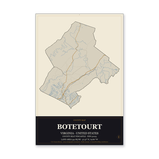 Botetourt County, Virginia Map Aluminum Sign in Museum Plaque style