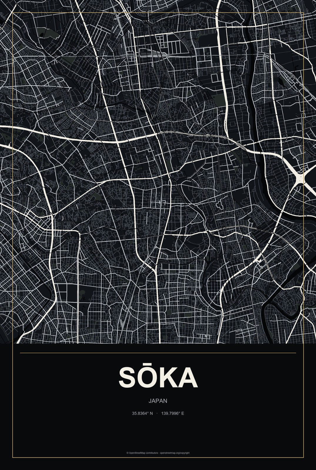 Sōka, Japan City Map Aluminum Sign in Metropolitan Noir style