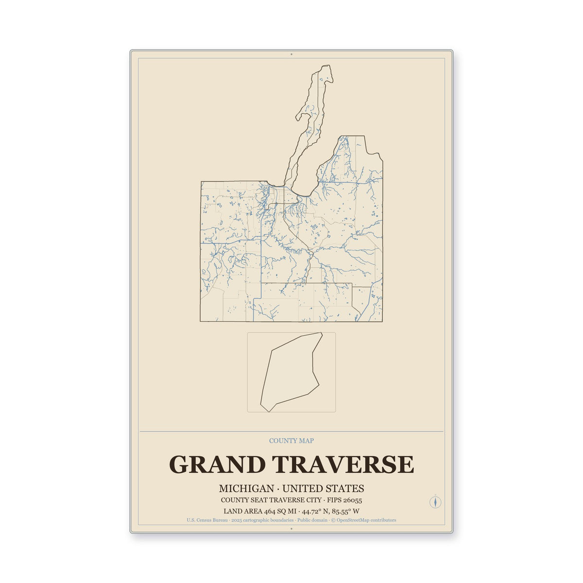 Grand Traverse County, Michigan Map Aluminum Sign in Heritage Nautical style