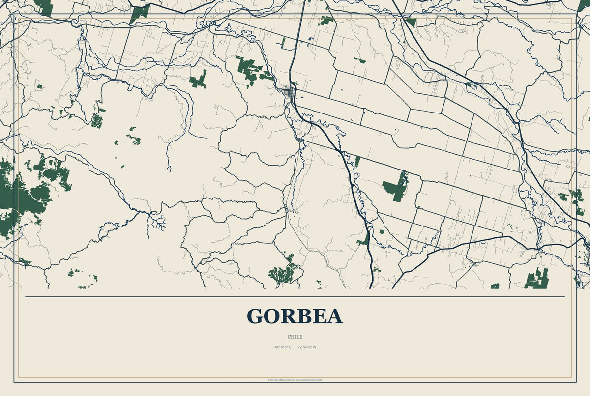 Gorbea, Chile City Map Aluminum Sign in Coastal Cutout style