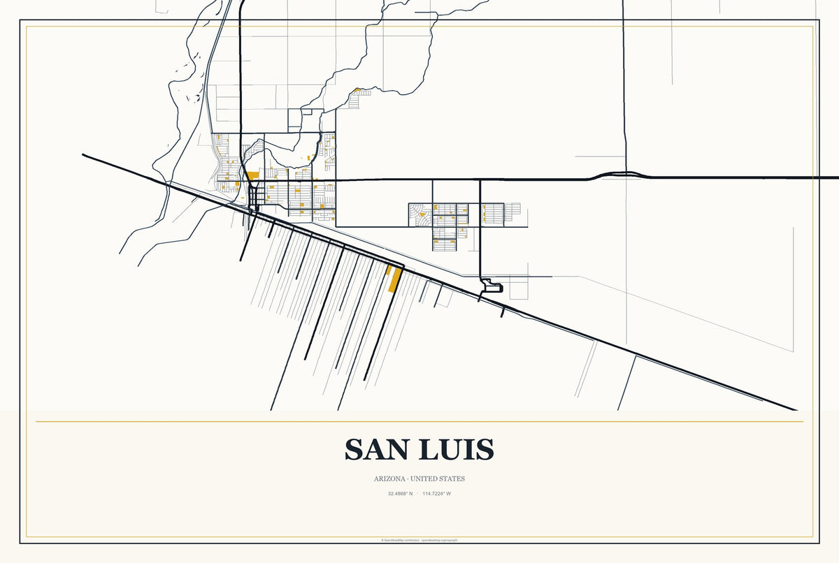 San Luis, Arizona City Map Aluminum Sign in Citrine Modern style