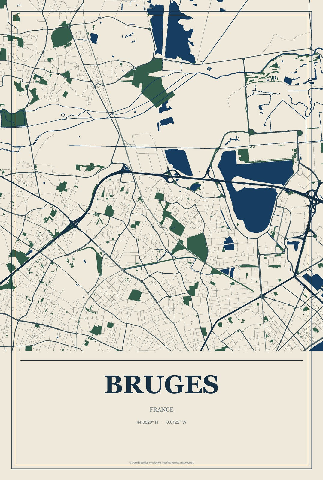 Bruges, France City Map Aluminum Sign in Coastal Cutout style