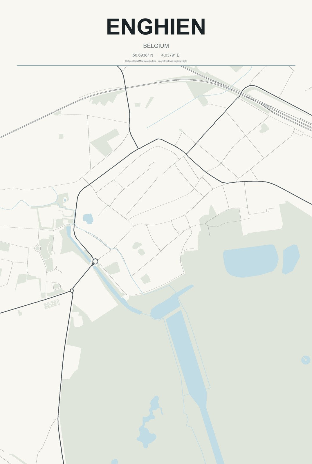 Enghien, Belgium City Map Aluminum Sign in Headline Atlas style