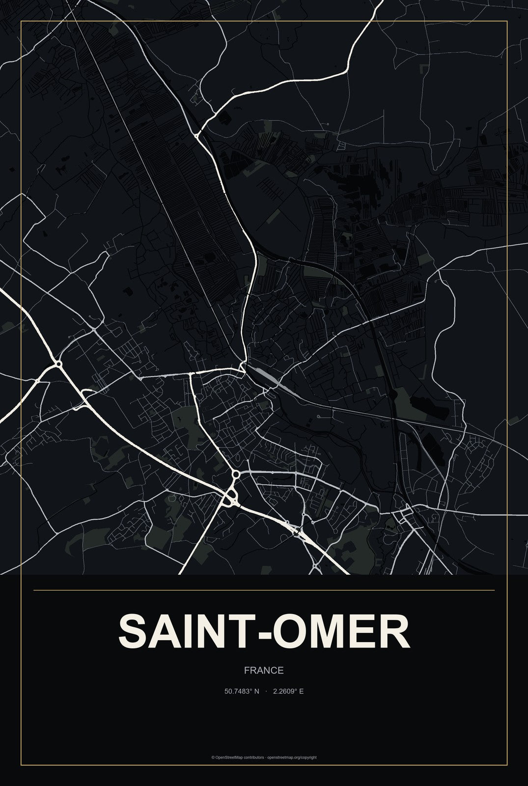 Saint-Omer, France City Map Aluminum Sign in Metropolitan Noir style